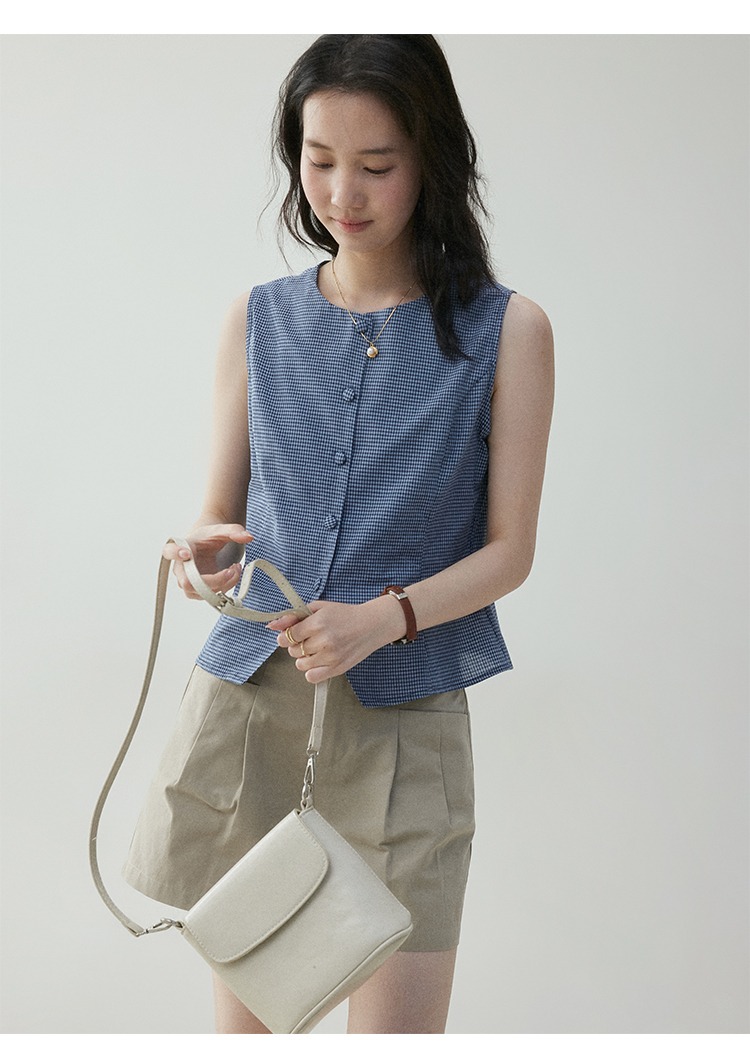 法式撞色格紋圓領無袖背心女夏季新款氣質減齡上衣