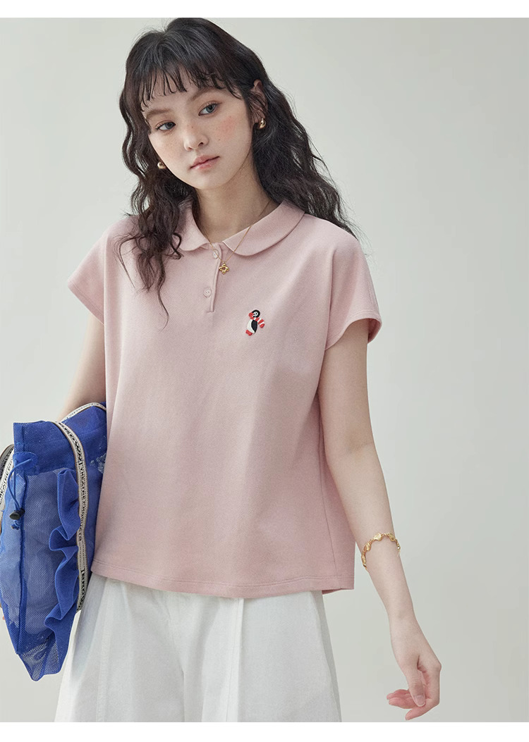 粉紅娃娃領企鵝刺繡T恤女夏季新款減齡短袖上衣