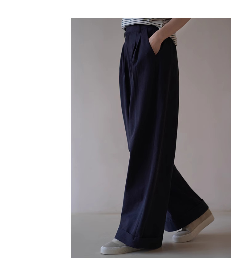 筆筆直修腿長褲萊賽爾棉挺括寬鬆高腰折邊休閒闊腿褲女