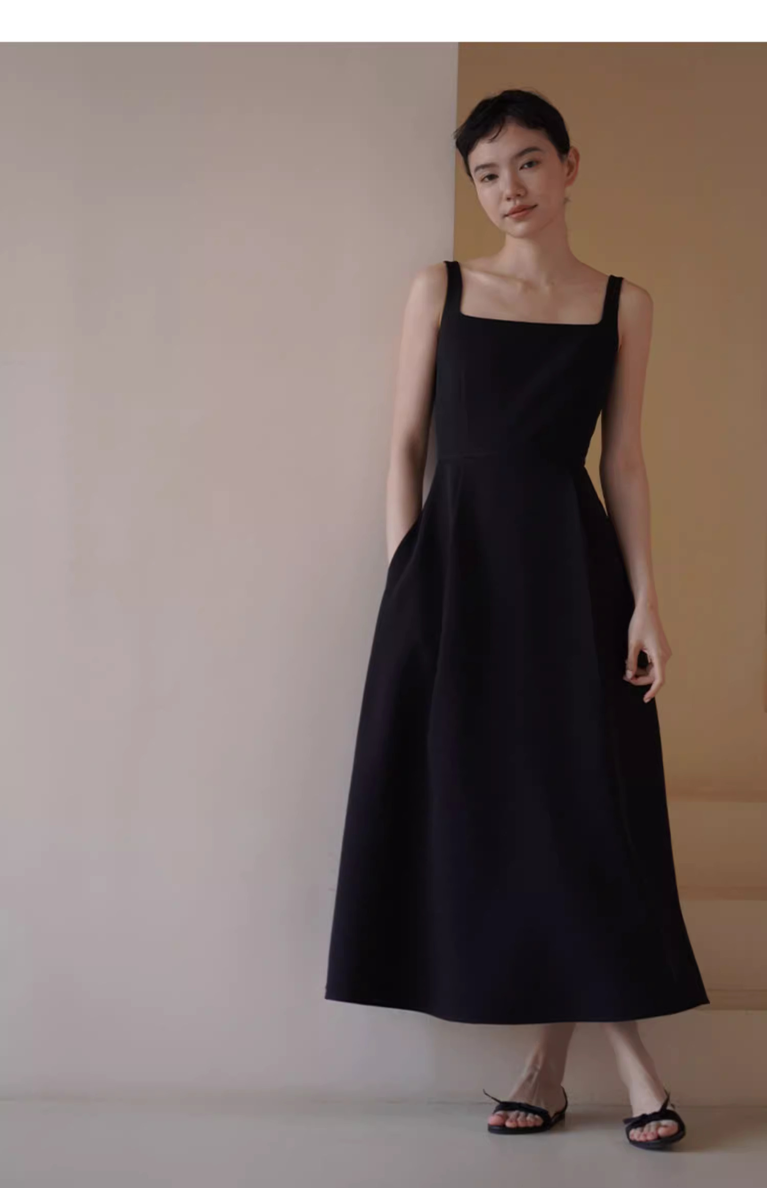 優雅赫本風小黑裙高腰分割拼接氣質方領背心A字洋裝女