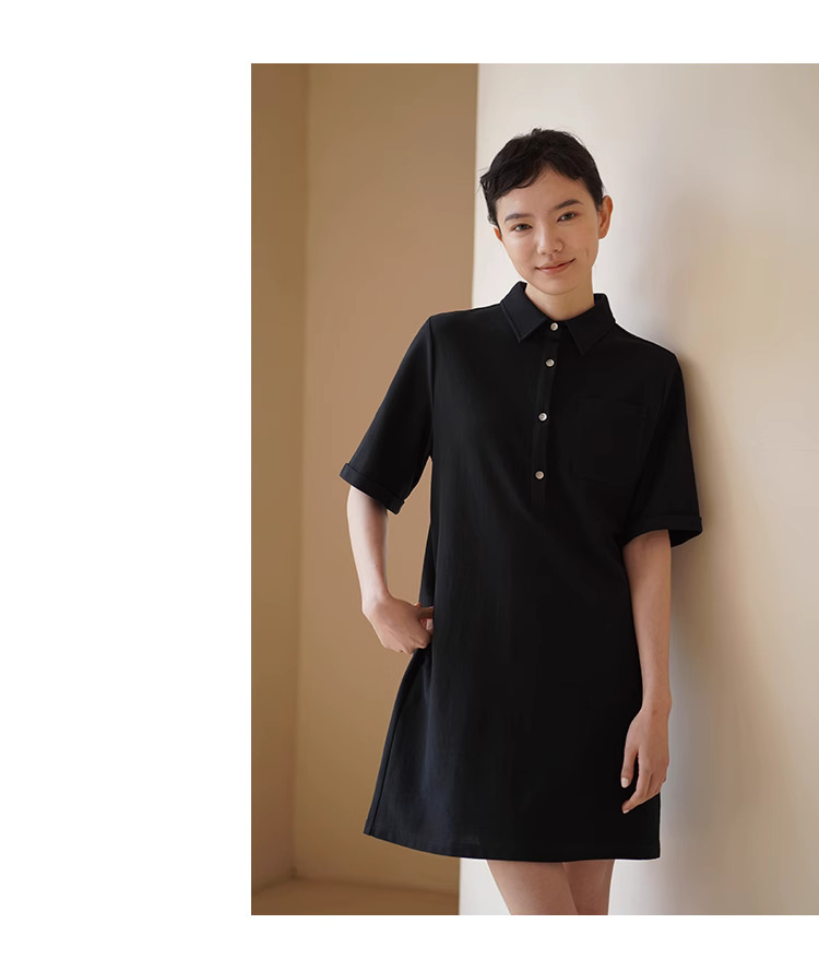 經典復古美式學院Polo領針織短款顯瘦休閒直筒洋裝女
