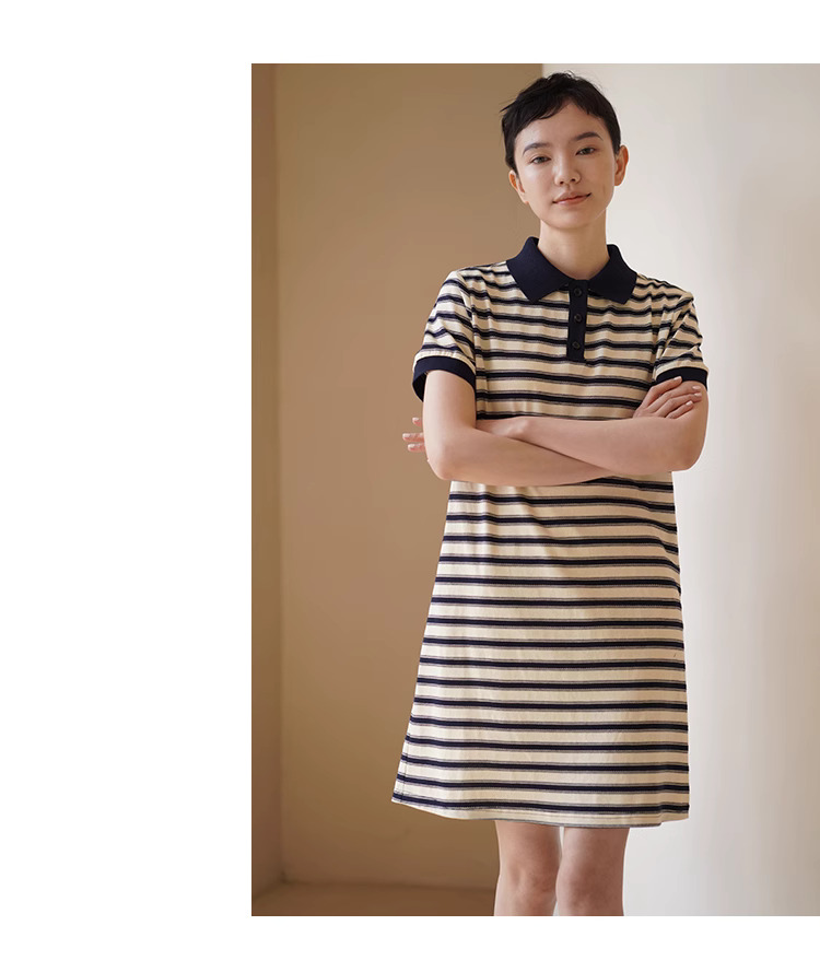 美式條紋日洋裝24支雙紗平紋棉混紡顯瘦撞色Polo裙女