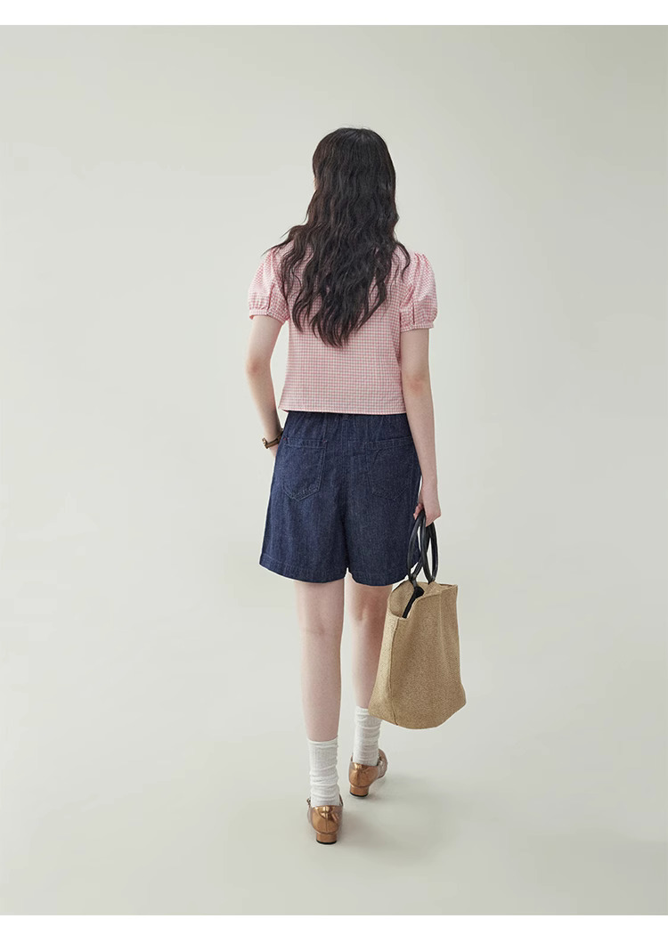 韓系深色高腰寬腿休閒牛仔褲女夏季新款寬鬆壓褶短褲
