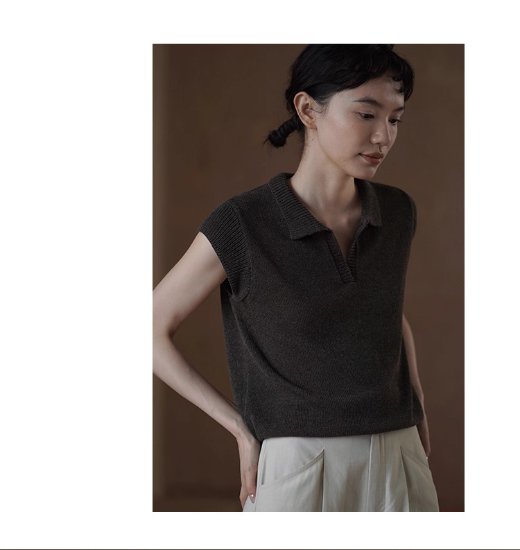 苔痕雨季透氣輕薄亞麻棉紗線Polo領針織顯瘦短袖上衣女
