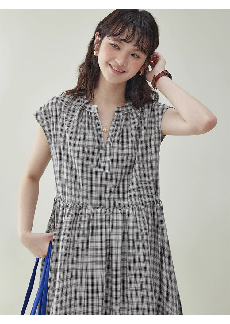 黑格抽繩v領純棉洋裝女夏季新款a字短袖中長裙