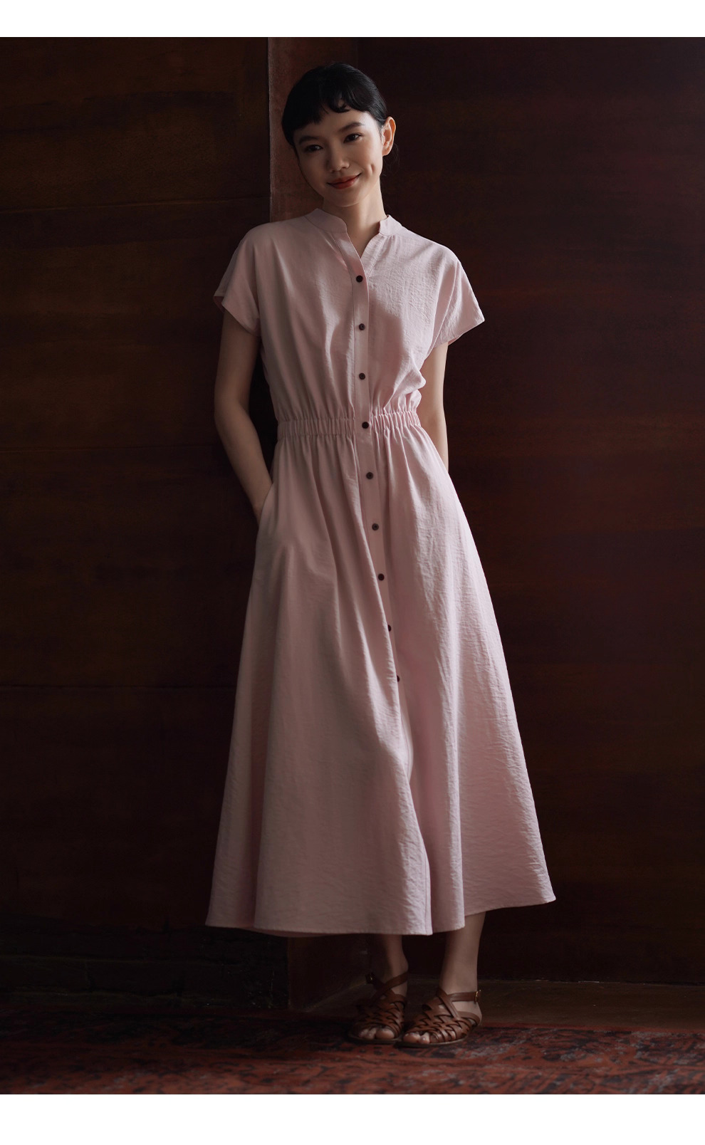 冰透粉晶洋裝寬鬆收腰短袖長撞色釦子立領襯衫裙子