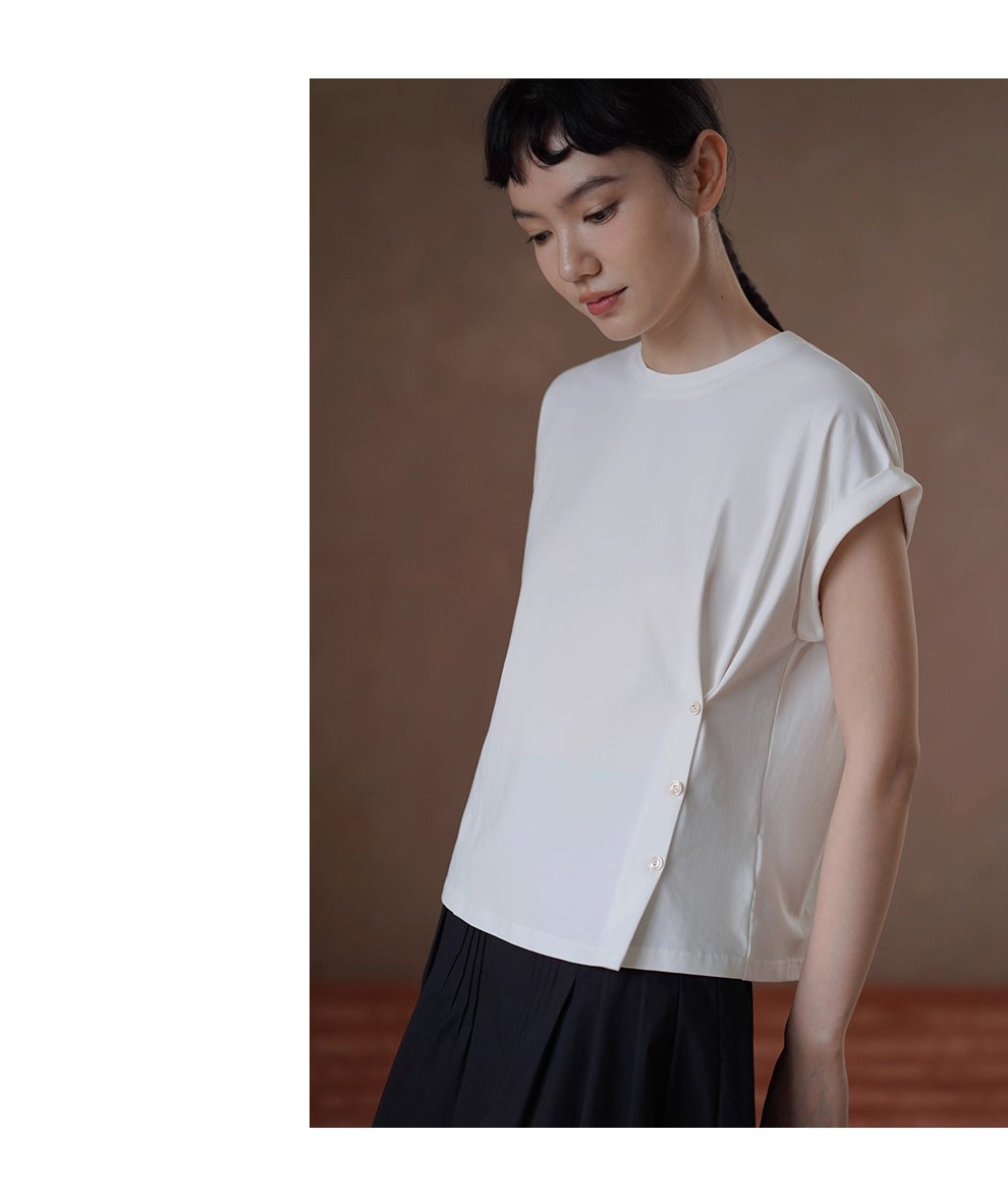 建構感白T恤側邊收腰羈扣設計修身圓領折邊短袖通勤上衣