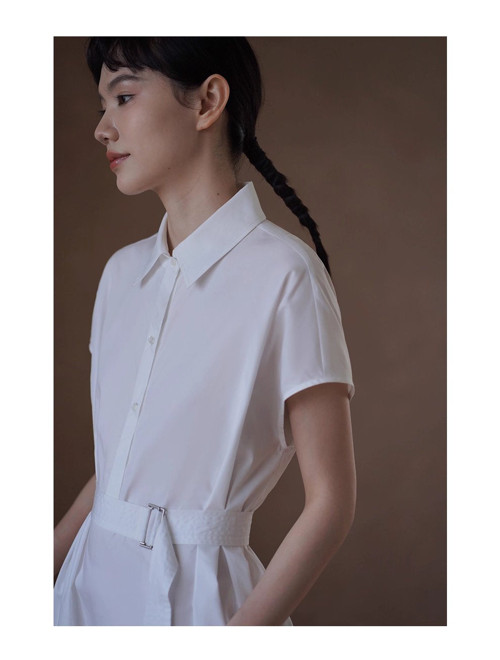 浮生一日清冷通勤洋裝寬鬆顯瘦腰帶半門襟長襯衫裙