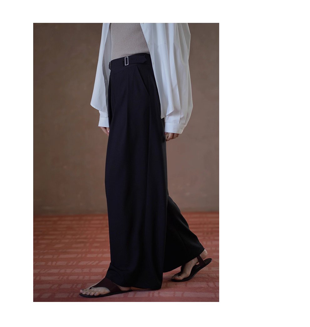利落職場顯瘦高腰不對稱日字袢設計寬鬆顯瘦長褲女