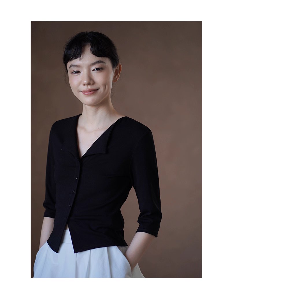 品質通勤雙面織布V領氣質上衣遮肉中袖合身彈性顯瘦T恤