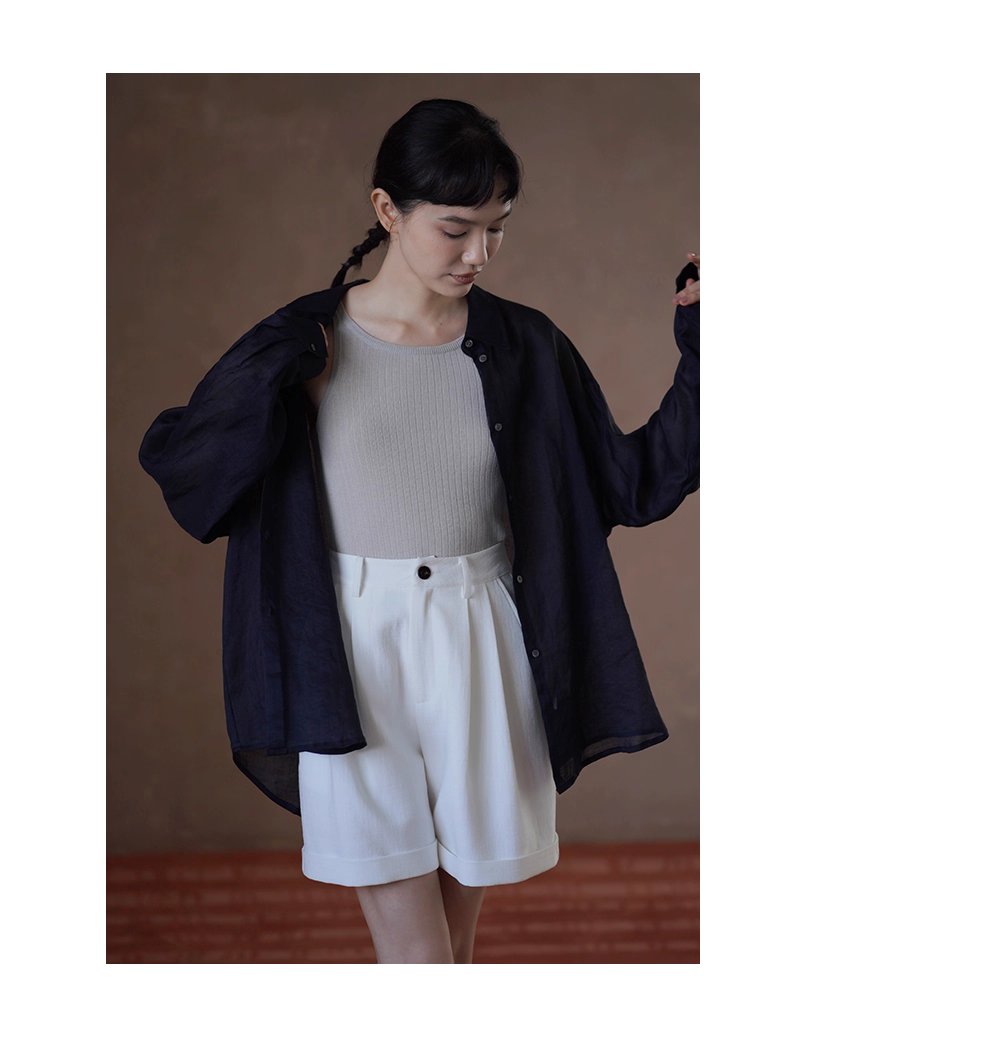 清透微風天然100苧麻襯衫寬鬆顯瘦通勤廓形落肩長袖上衣