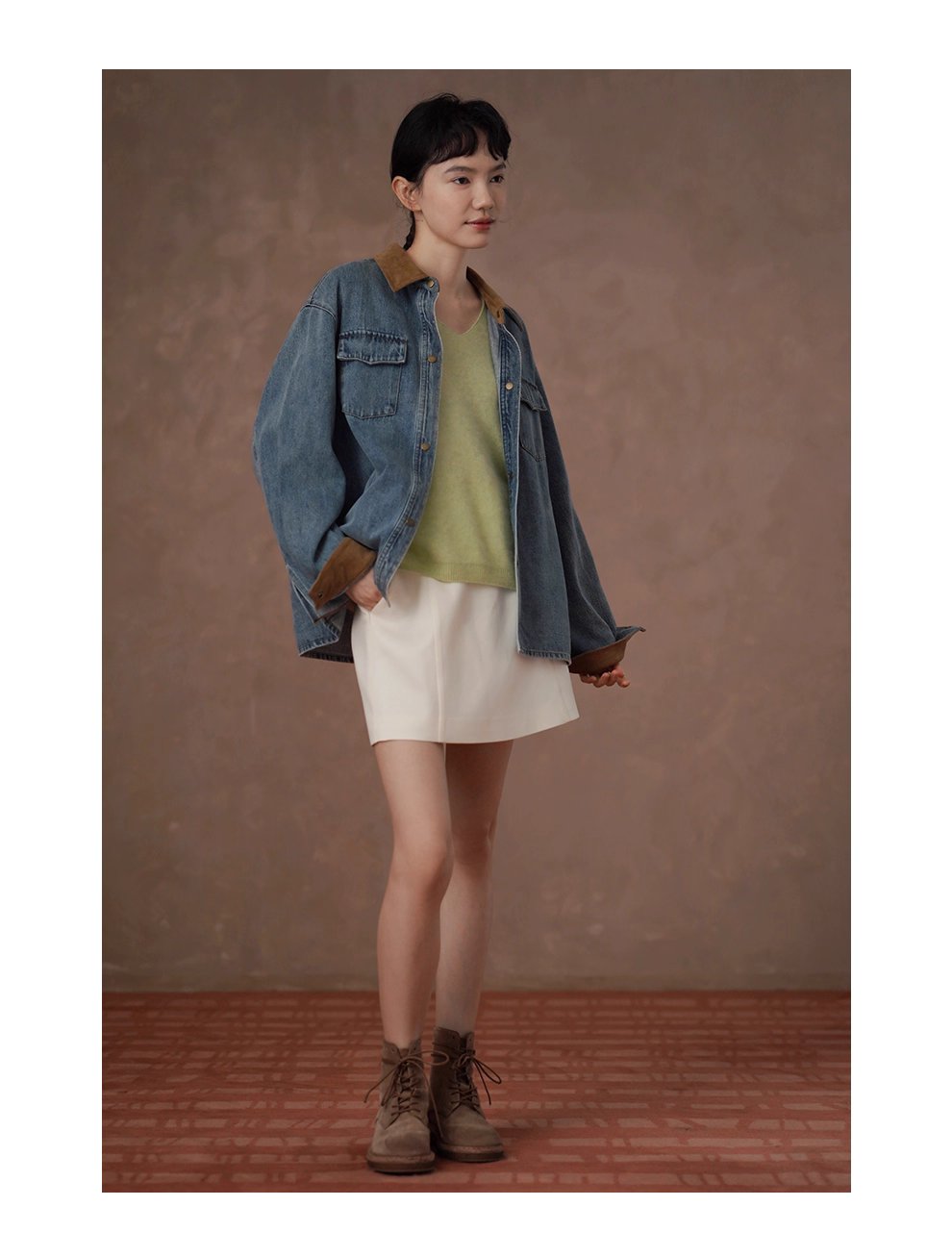 復古風潮做舊水洗燈芯絨拼接翻領牛仔襯衫寬鬆顯瘦外套