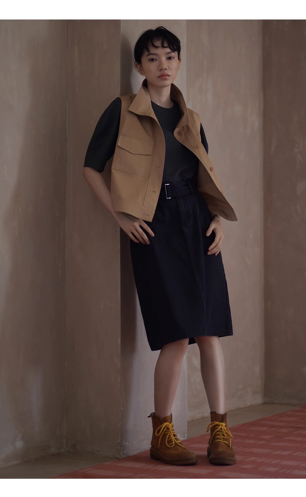 楓葉長椅馬甲顯瘦挺括親膚萊賽爾棉立領工裝疊穿外套女