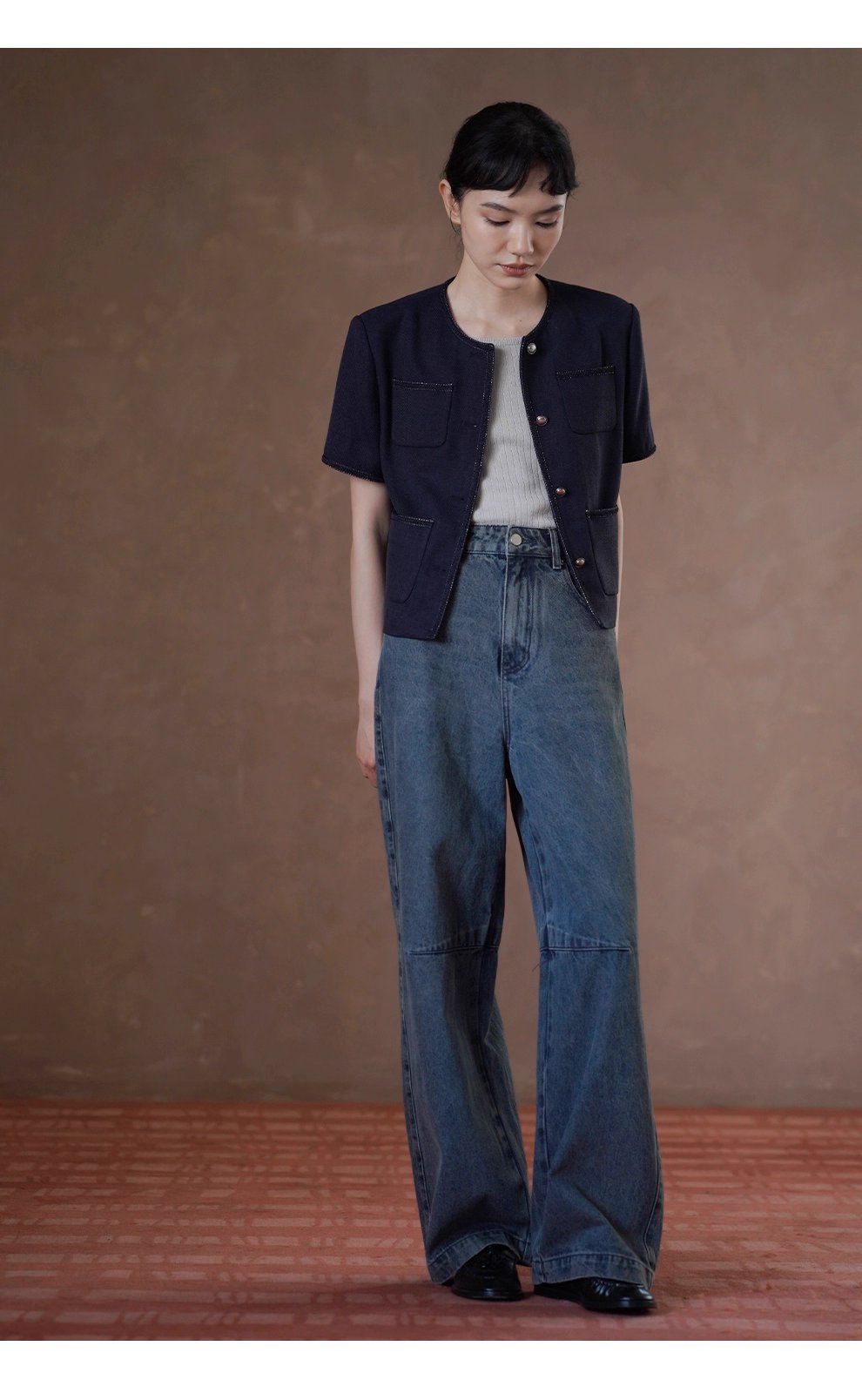 法式花邊拼接肌理感短袖小香氣質圓領通勤顯瘦短外套