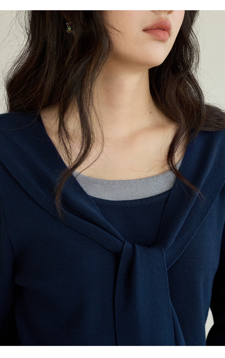 大尺碼假兩件綁帶針織衫上衣長袖打底衫