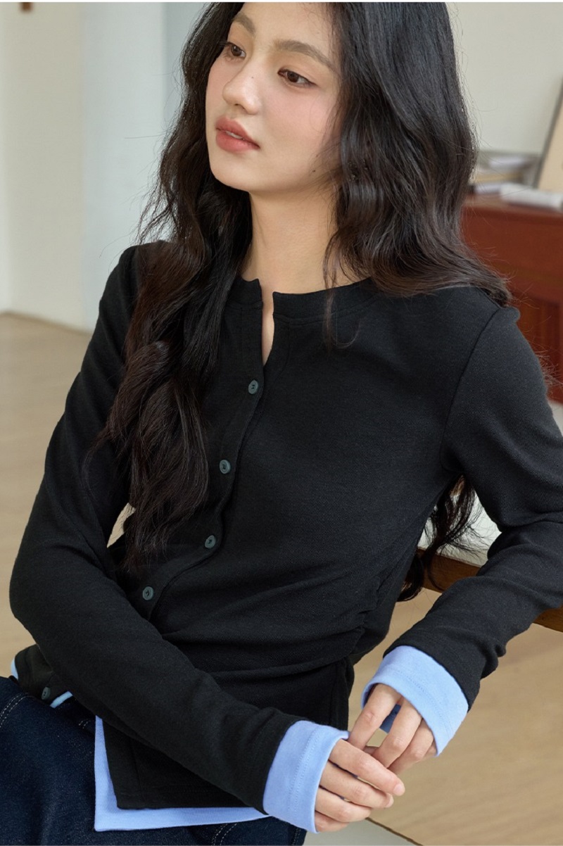 大尺碼胖mm正肩假兩件t恤女內搭打底衫秋季長袖上衣