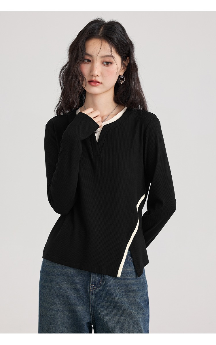 大尺碼黑色針織衫女打底衫顯瘦胖mm正肩長袖上衣