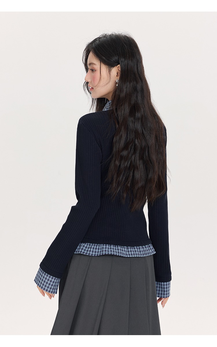 大尺碼拼接格紋襯衫假兩件針織衫polo領上衣