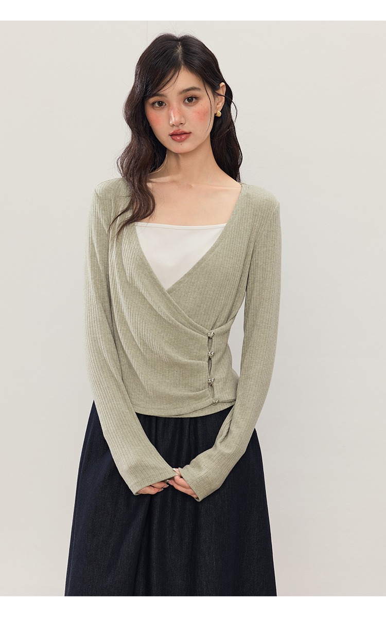 中大尺碼設計感假兩件綠色針織衫女秋裝