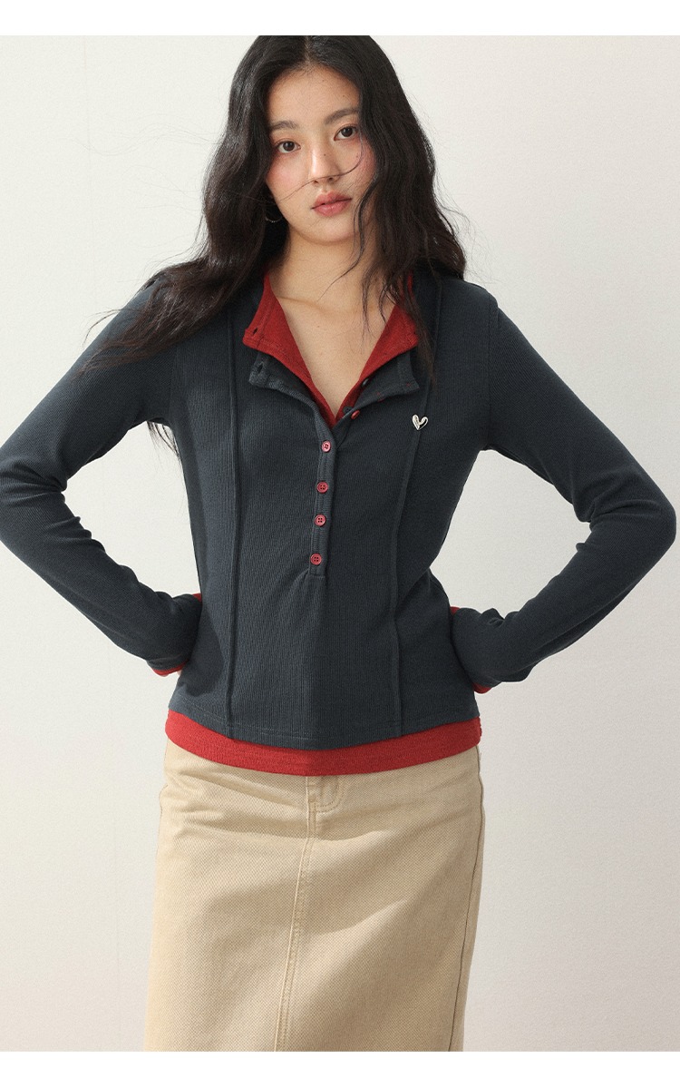 大尺碼秋裝灰色正肩長袖設計感假兩件疊穿上衣