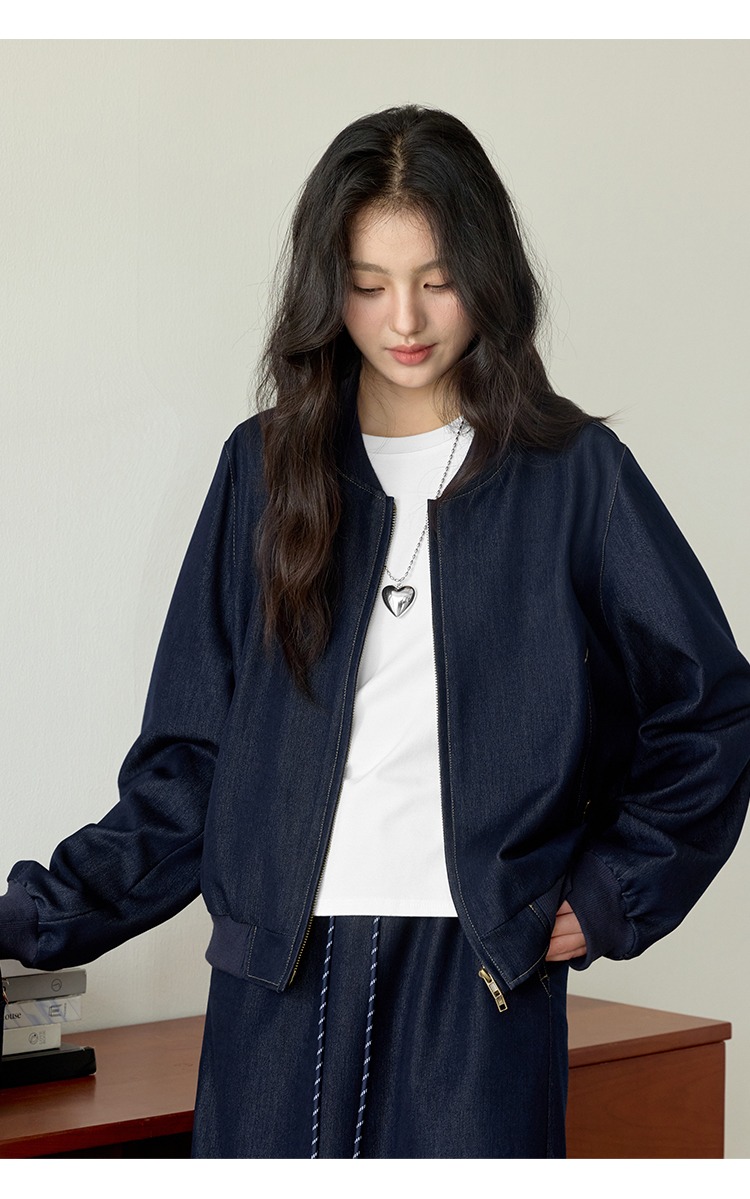 大尺碼棒球外套女半身長裙兩件套天絲牛仔套裝