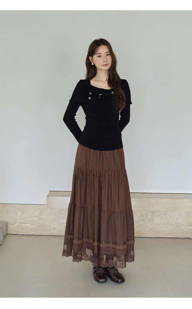 大尺碼蕾絲拼接A字半身裙蛋糕裙棕色裙子