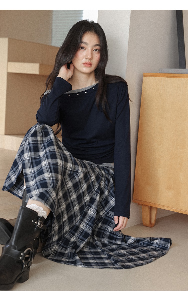 大尺碼藍白拚色格紋半身裙不規則裙襬個性穿搭