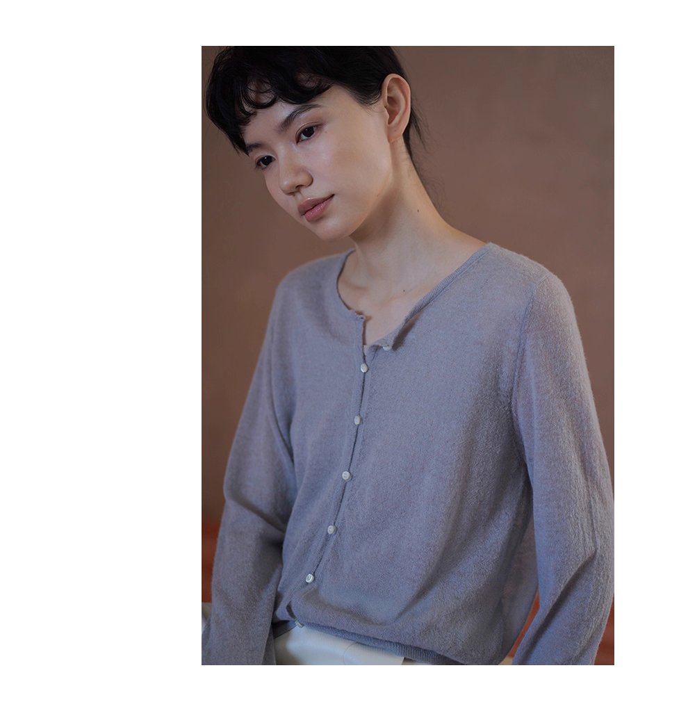 淡香薰衣草針織軟糯細膩綿羊羊駝毛混紡紗線薄款開襟衫
