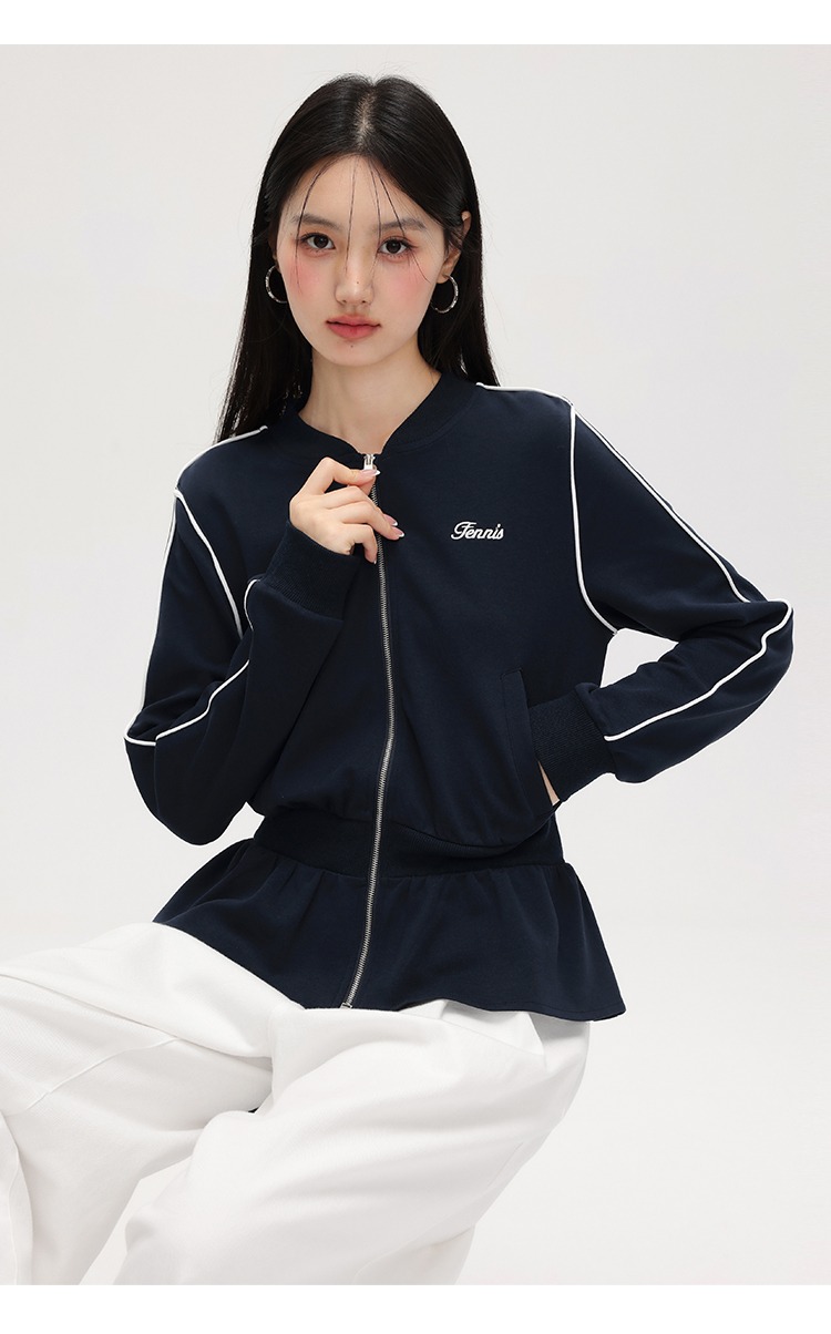 大尺碼收腰衛衣外套女拉鍊開襟衫荷葉邊上衣外套