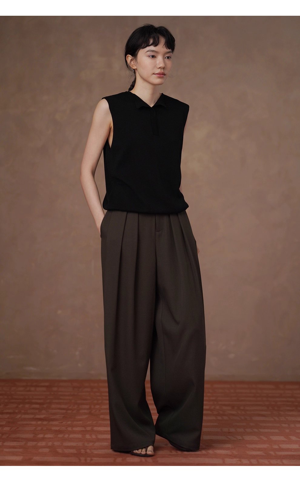 高品質色紡西裝布料可調式腰帶寬鬆垂順顯瘦闊腿長褲女