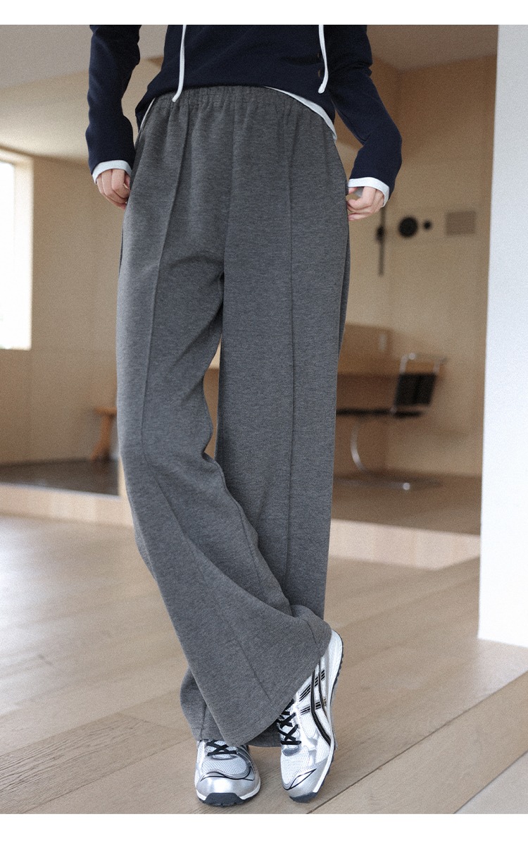 大尺碼鬆緊腰直筒闊腿褲女秋灰色休閒褲子