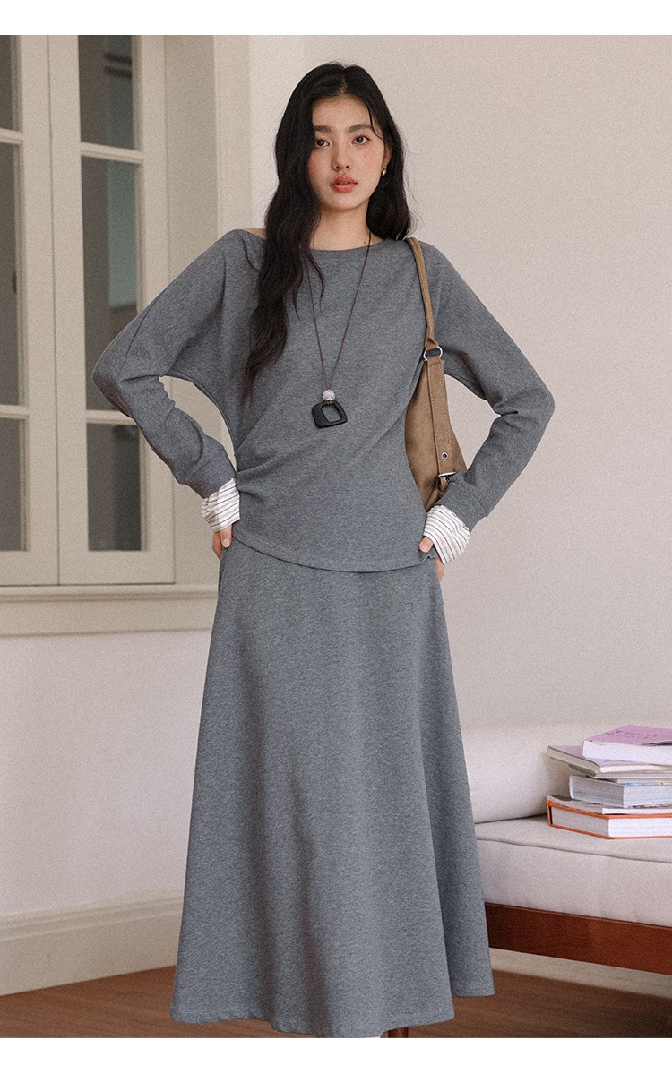 中大尺碼斜肩長袖上衣半身裙兩件套裝