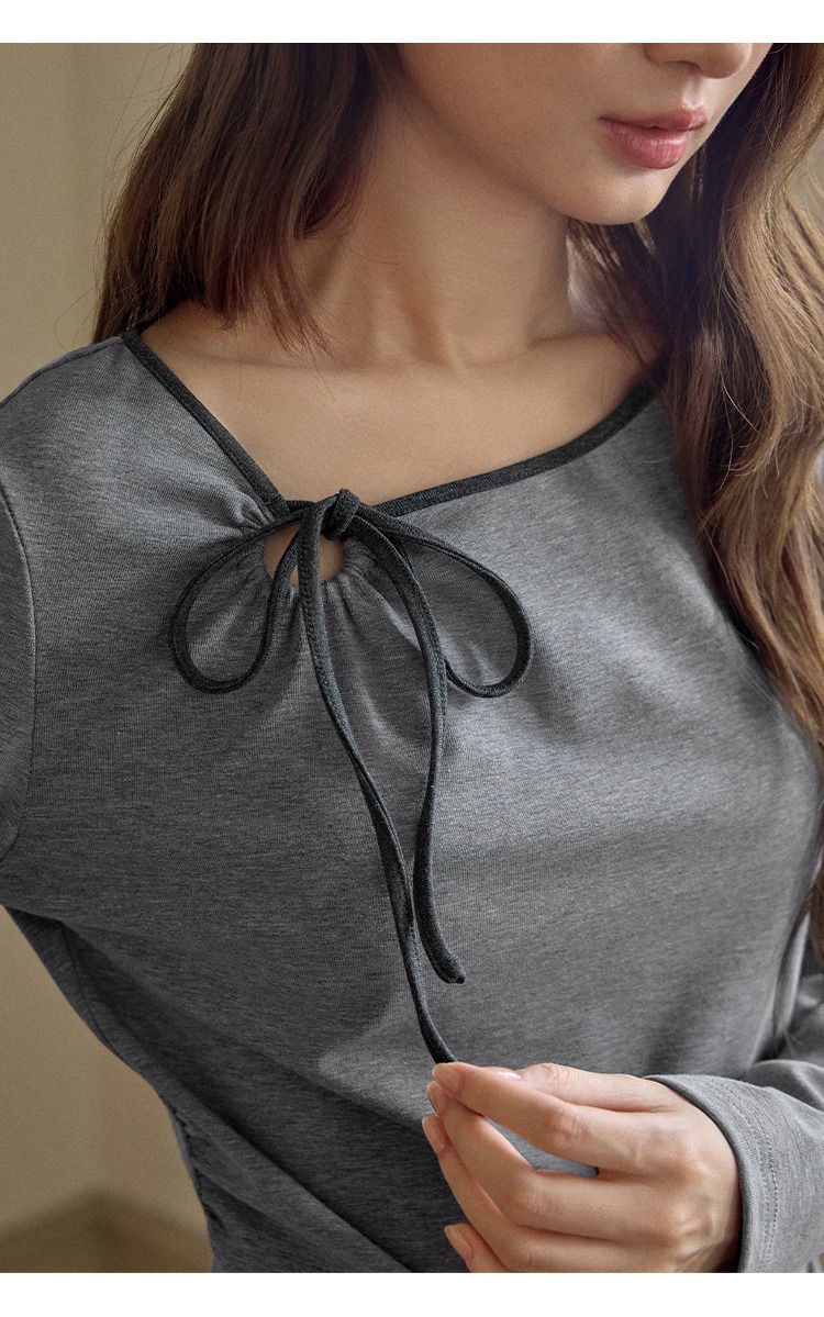 大尺碼鏤空蝴蝶結灰色長袖T恤女裝收腰上衣