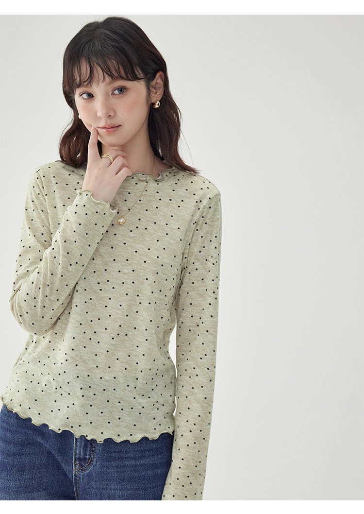 韓系密邊領波點長袖T恤女秋季新款內搭寬鬆上衣