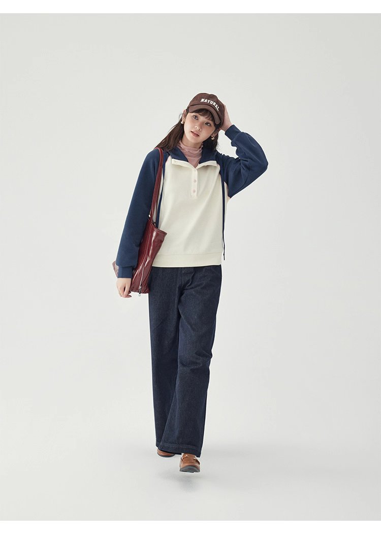 撞色插肩長袖連帽衛衣T恤女25秋季新款減齡上衣