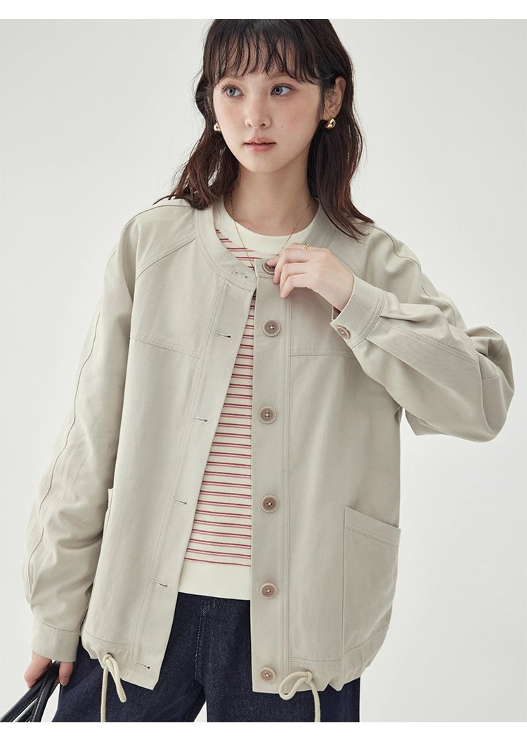 純色單排扣抽繩下擺外套女秋季新款圓領長袖上衣