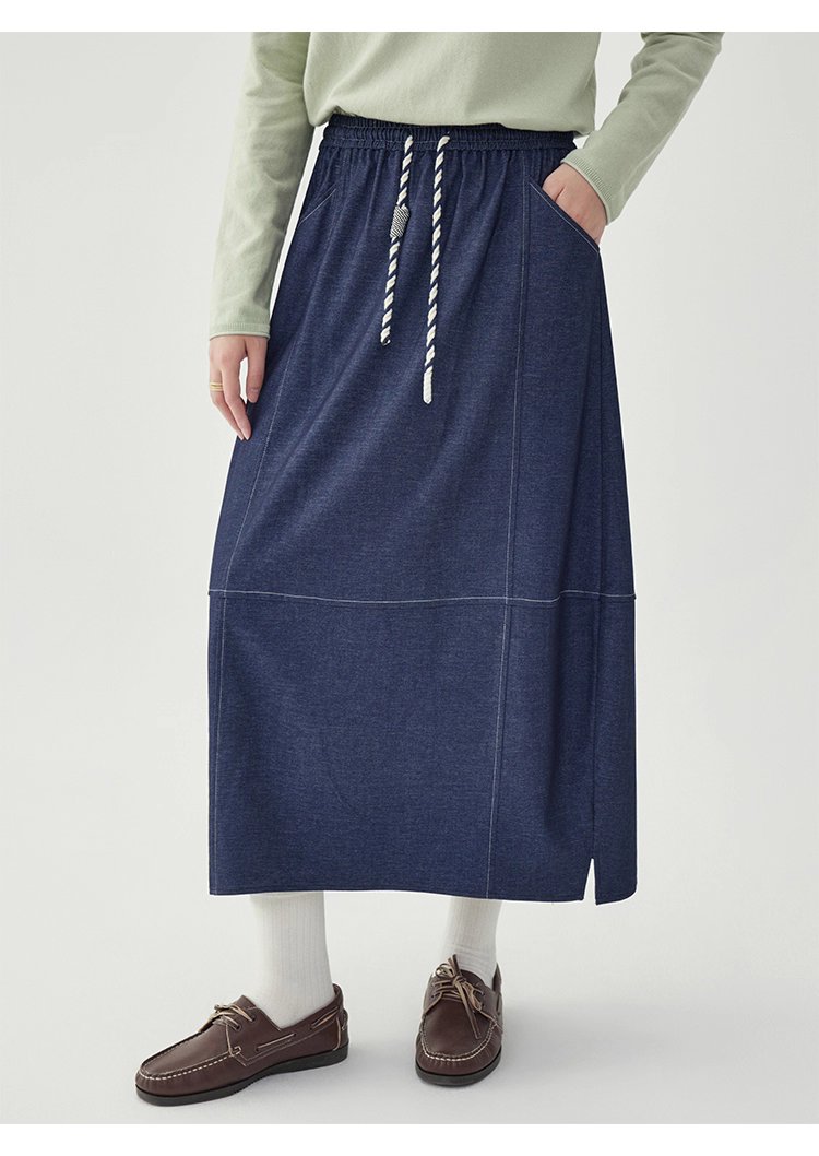 藍色鬆緊腰a字半身裙女秋季新款百搭抽繩中長裙
