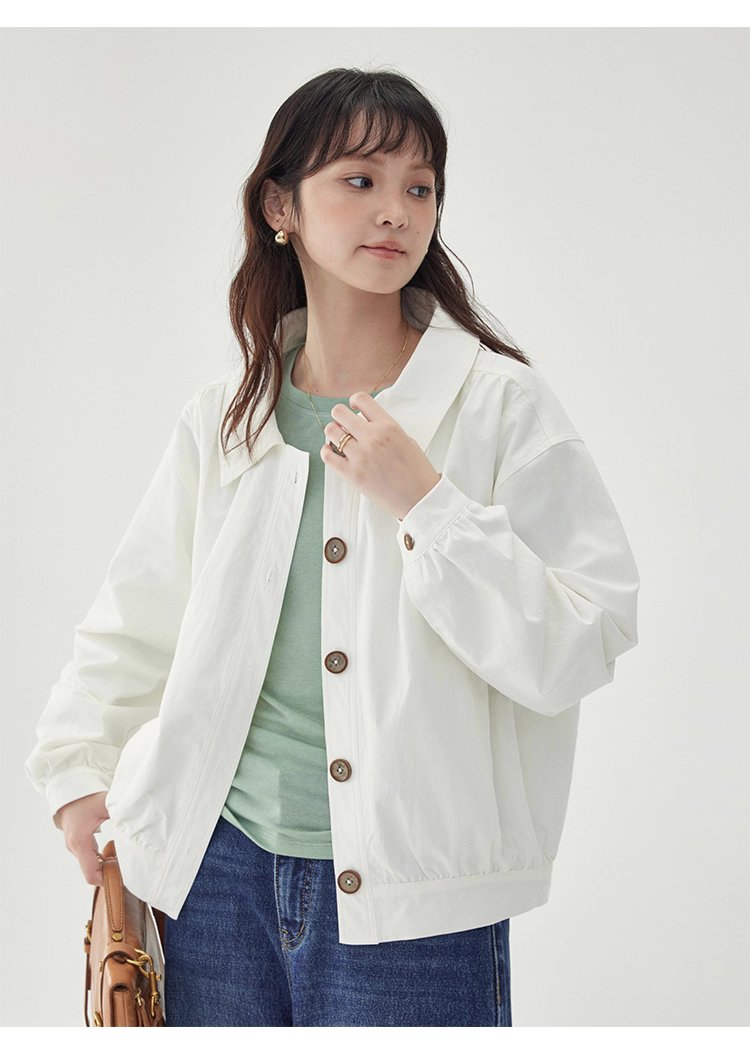 白色單排扣polo領長袖外套女25秋季新款寬鬆上衣