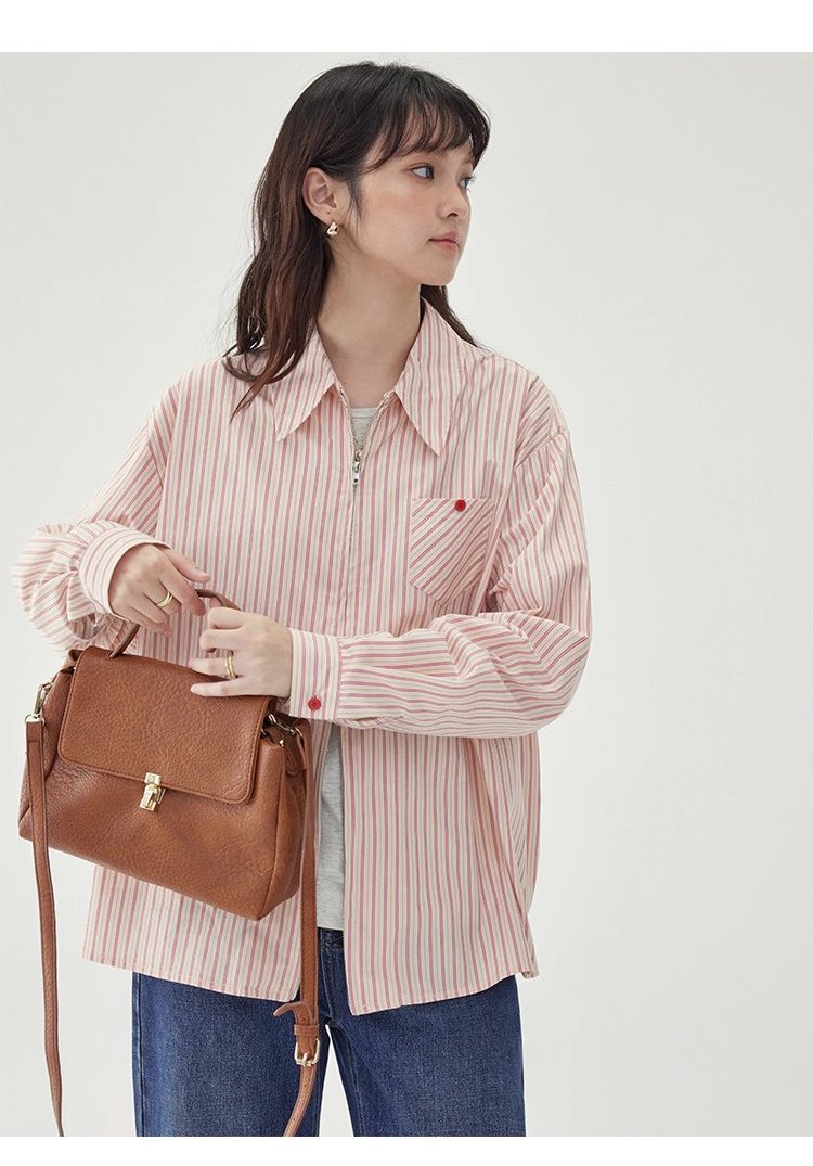 粉紅色圖案雙拉鍊長袖襯衫女秋季新款純棉外套上衣