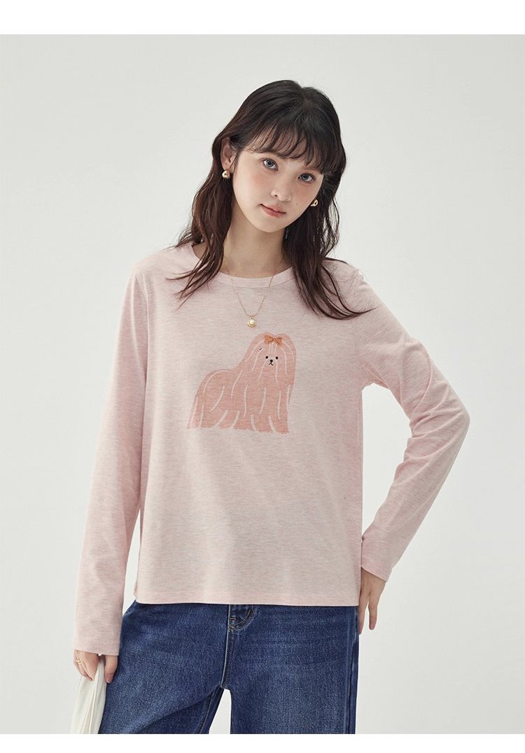 粉紅小狗印花長袖T恤女25秋季全新寬鬆減齡上衣