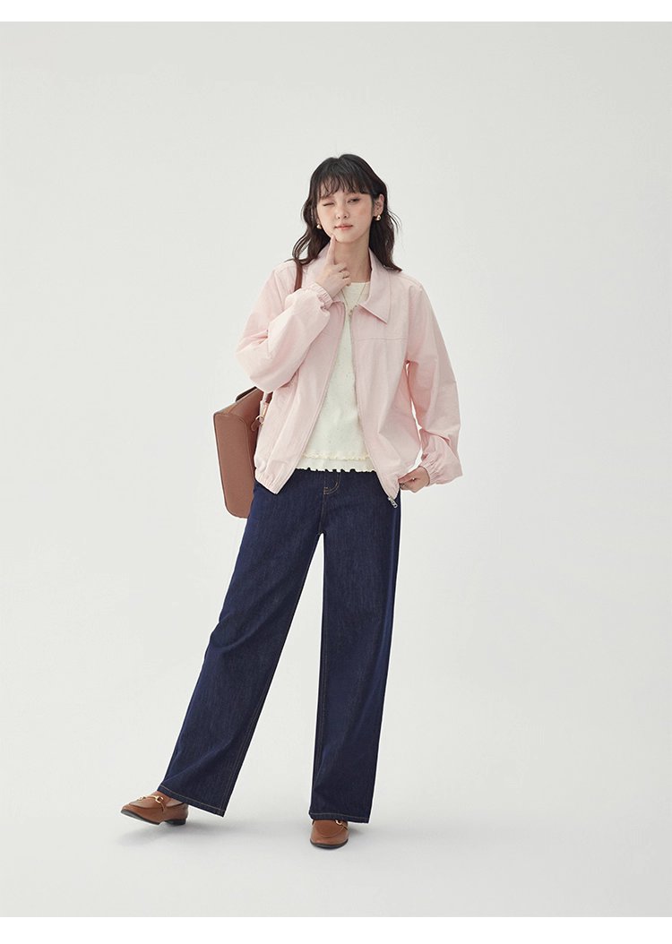 少女感粉紅拉鍊長袖外套女秋季新款翻領短版上衣