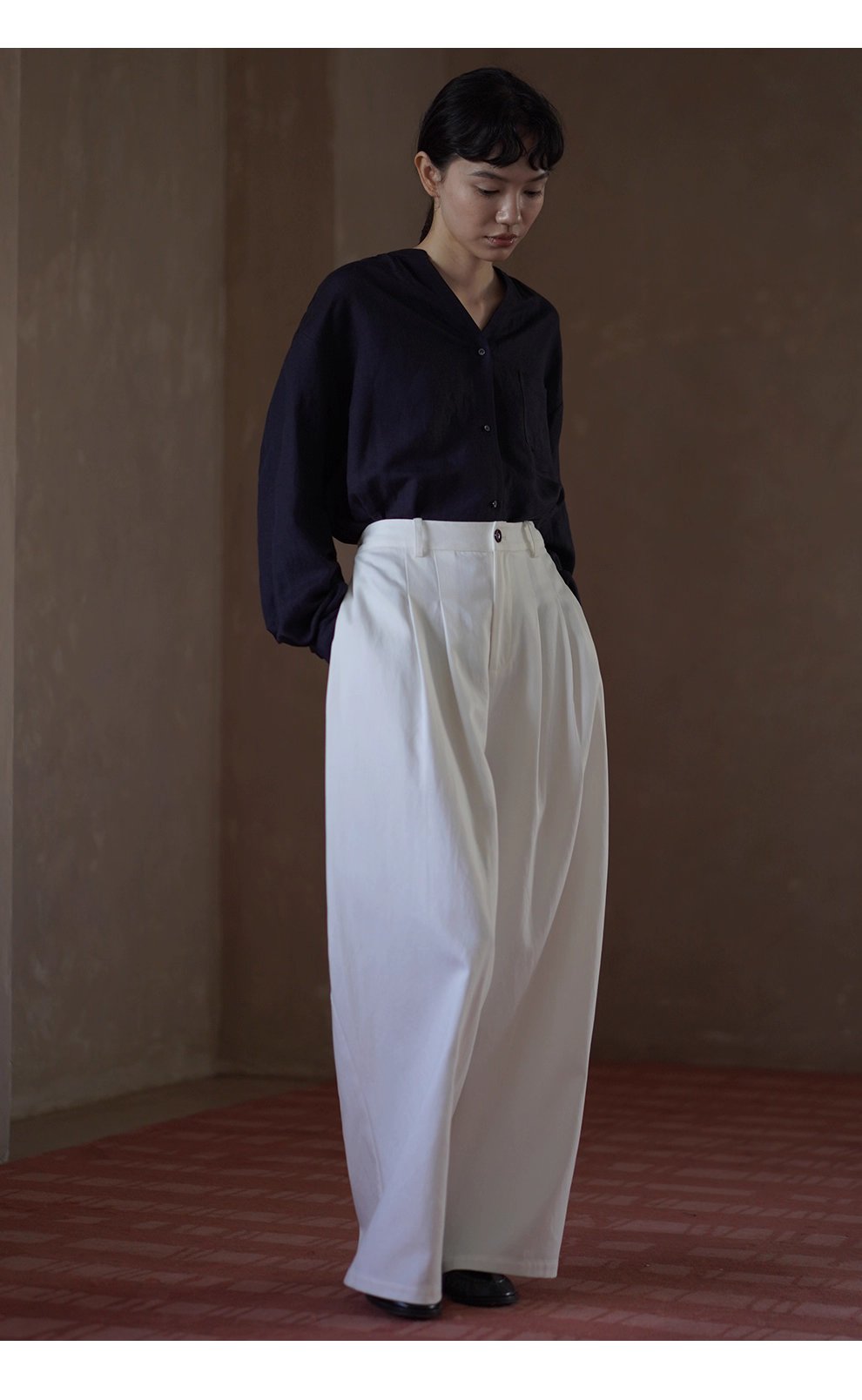 海上航線亞麻混紡透氣挺括質感V領寬鬆顯瘦通勤長袖襯衫