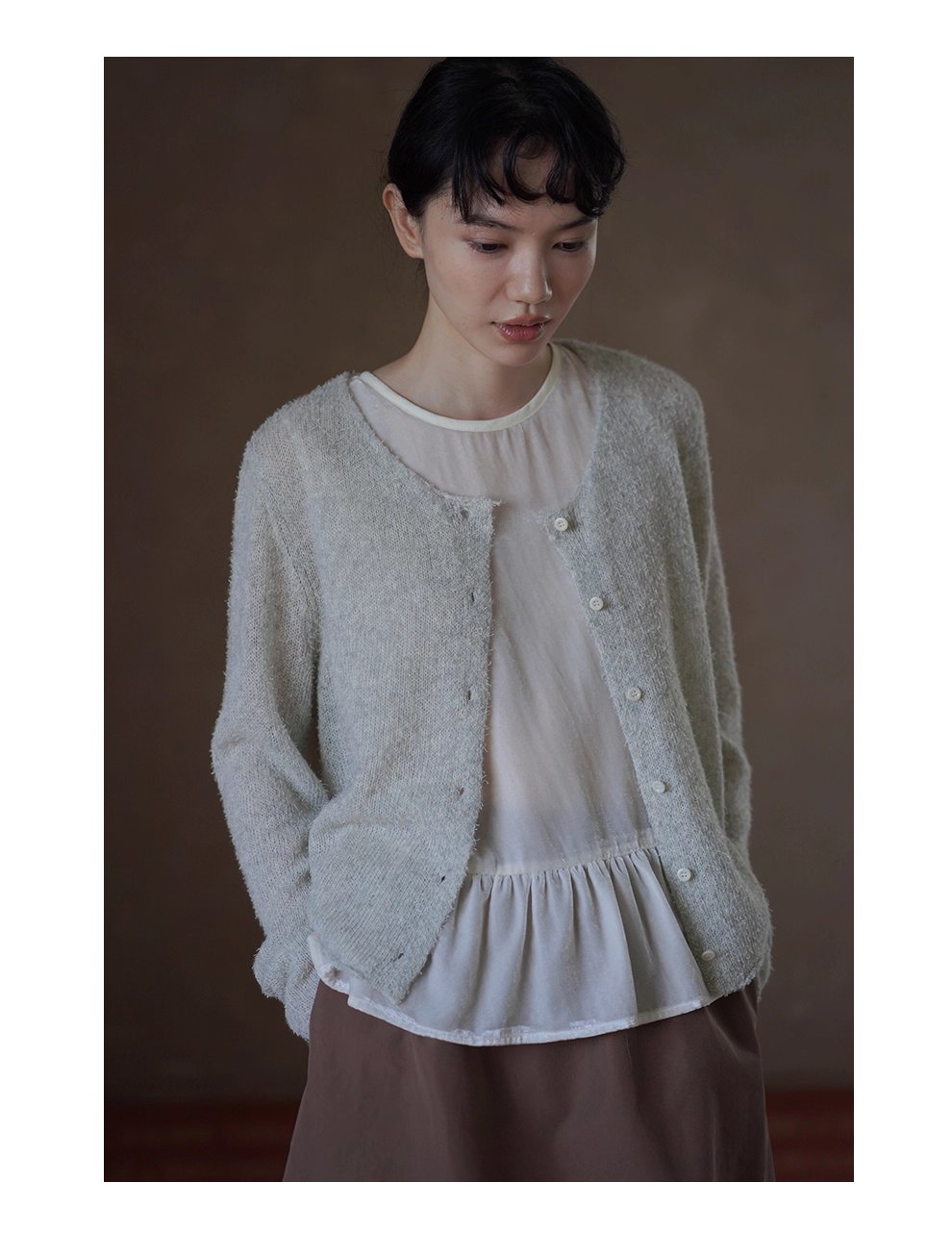 精巧小銀魚針織重磅綿羊毛桑蠶絲混紡捲邊通勤毛衣外套