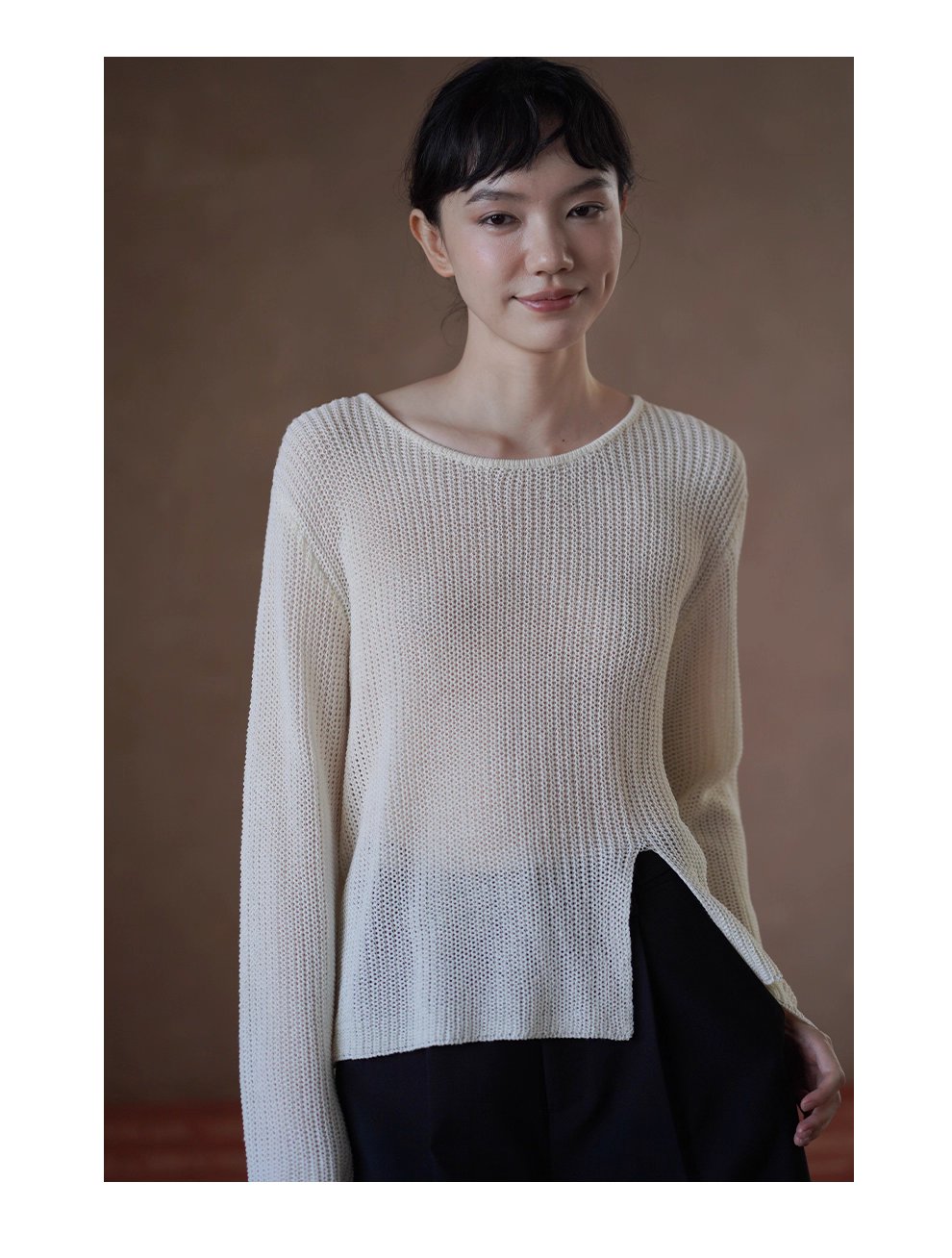 晴空白塔針織鏤空編織肌理感寬鬆顯瘦開叉長袖通勤罩衫