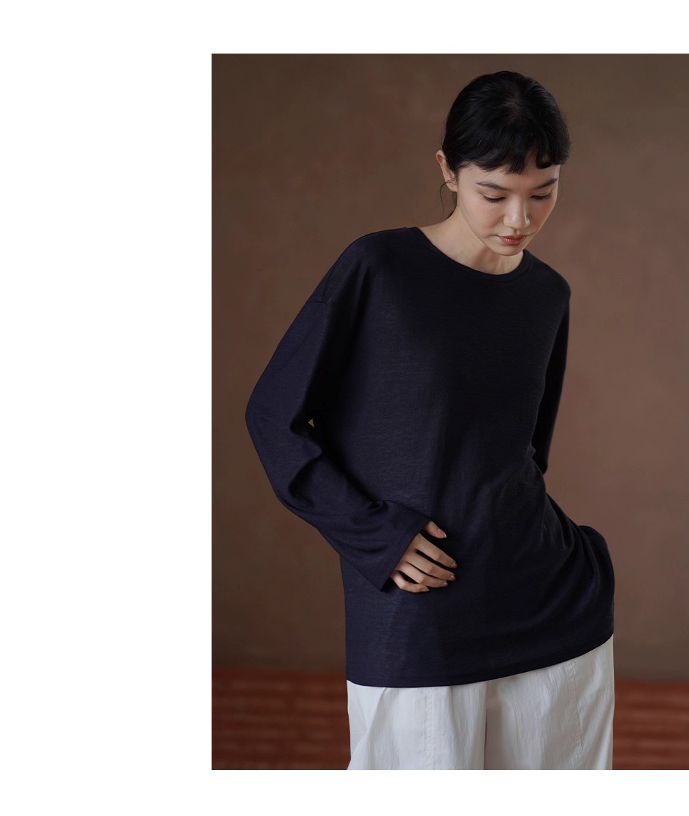 高品質桑蠶絲棉亞麻混紡竹節麻肌理感寬鬆顯瘦長袖T恤女