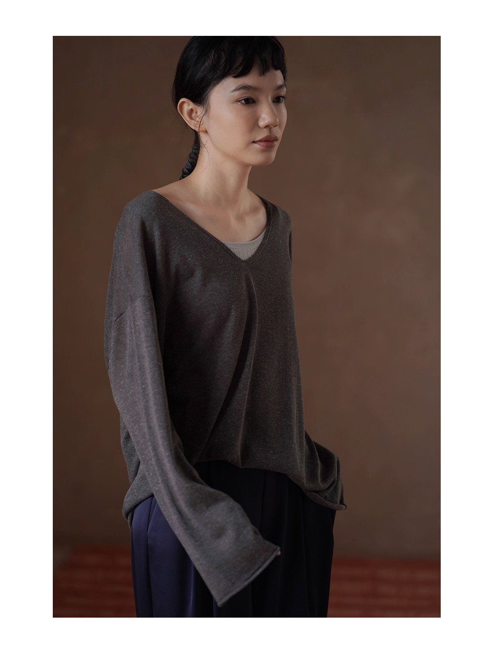 紙片人V領慵懶罩衫清爽天絲亞麻紗線寬鬆顯瘦長袖上衣女