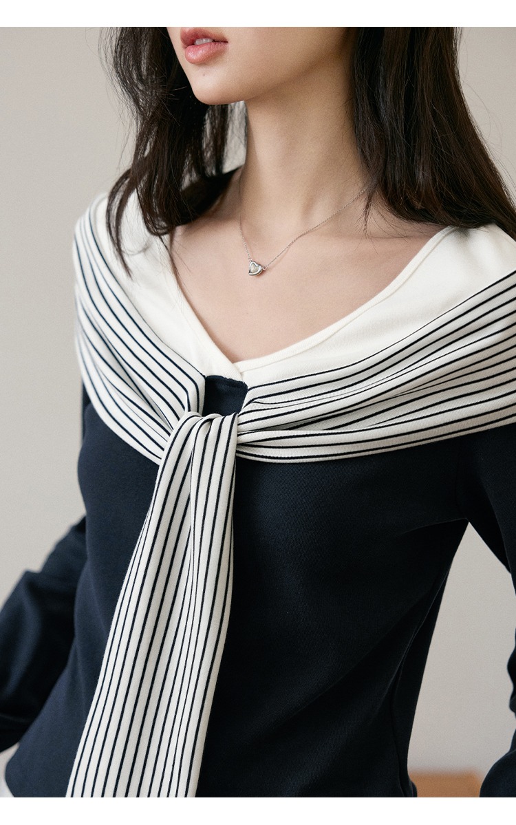 大尺碼條紋飄帶拼接T恤女秋季海軍風上衣