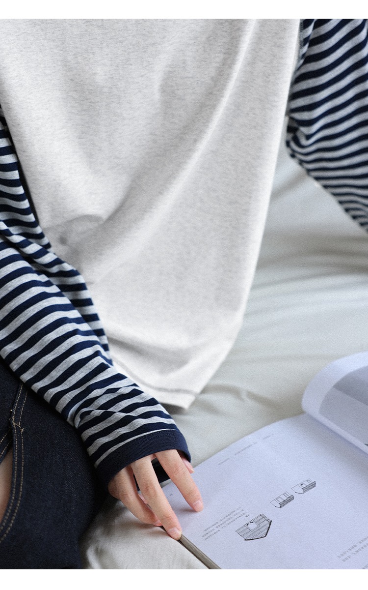 條紋長袖花灰色T恤女2025全新內搭秋裝大尺碼遮肚上衣