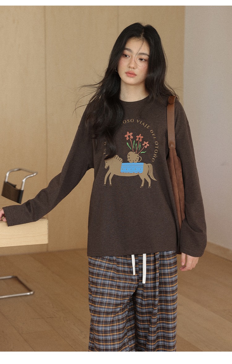 大尺碼胖mm長袖T恤秋季琥珀流光穿搭咖色上衣