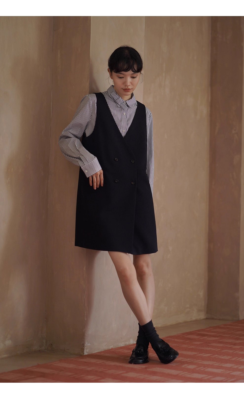 高品質100棉色織條紋法國經典寬鬆通勤可拆式蝴蝶結襯衫